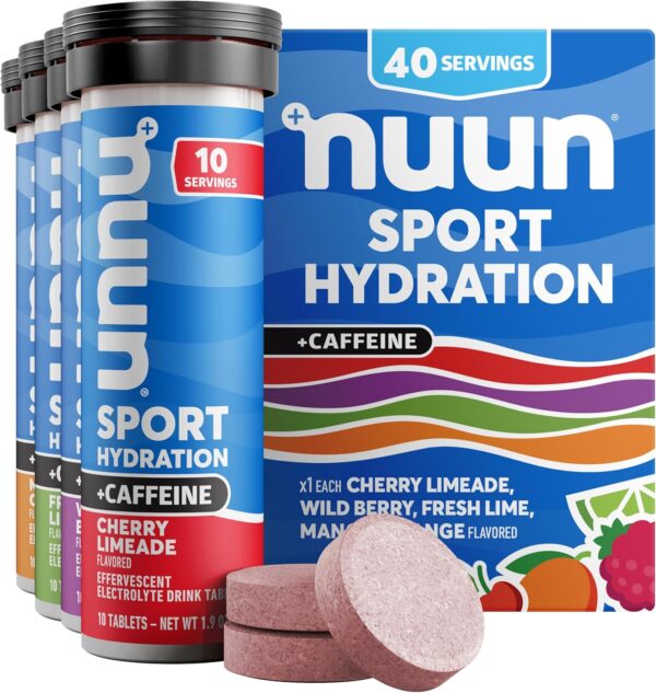 Nuun Sport + Caffeine Electrolyte Tablets - Dissolvable in Water, Mixed Flavor Box, 5 Essential Electrolytes for Hydration, 1g Sugar Drink Mix, Vegan, Non-GMO, 4 Pack (40 Servings)