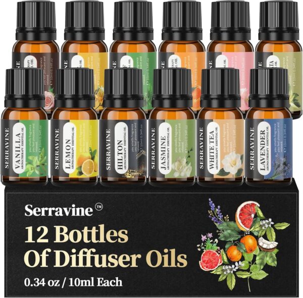 Natural Essential Oil Set, 12 Best Aromatherapy Diffuser Oils with Gift Box & Bag, Essential Oils for Diffusers for Home, Candle Making Scents -Lavender,Lemon,Orange,Vanilla,Jasmine,Rose, Peppermint