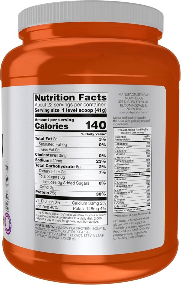 NOW Foods Sports Nutrition, Pea Protein 25 g With BCAAs, Easily Digested, Vanilla Toffee Powder, 2-Pound