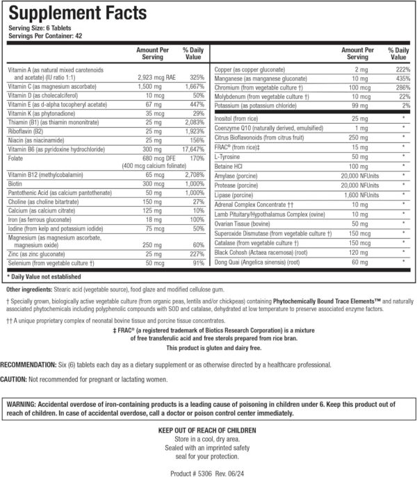 Biotics Research Equi Fem Multi Vitamin Mineral Supplement for Women. High Dose Multi for Pre-Menstrual Support. Black Cohosh. Dong Quai. Digestive Enzyme Support 252 Tabs