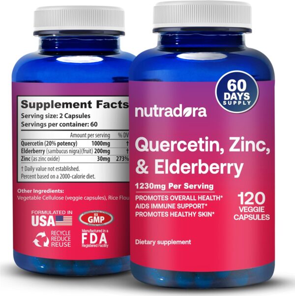 Quercetin 1000mg Veggie Capsules, Non-GMO, Elderberry Zinc Quercetin Supplements Supports Immune, Cardiovascular & Respiratory Health,120 Capsules (Pack of 1)