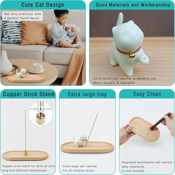 Cute Ceramic Cat Incense Stick Holder, Insence Burner Set, Large Beechwood Ash Catcher Copper Incense Stand Incense Sticks Brush, Meditation Yoga Massage Work Read Home Decor (A, B-Green)