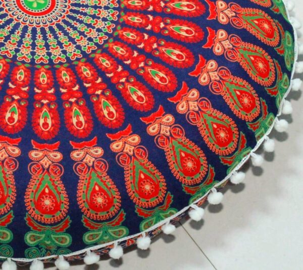CRAFT KALA Mandala Floor Pillow Cushion Cover Seating Throw Cover Hippie Decorative Bohemian Ottoman Poufs Pom Pom Pillow Cases Boho Indian Cotton Living Room Yoga Home Décor (24" Round, Multi Mirchi)