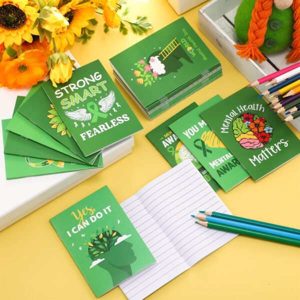 100 Pcs Mini Mental Health Notepads Small Memo Pad Notepads Bulk Mental Health Awareness Green Ribbon Pocket Notebooks, 10 Styles