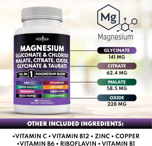 NEW AGE Magnesium Supplement -Powerful Glycinate Citrate Malate Oxide Taurate Aspartate Gluconate Orotate & Mag Chloride Manganese Bone Health and Bone Strength, Joint Support- 180 Count