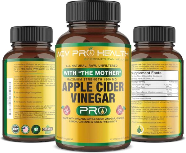 2-Pack ACV Pro Apple Cider Vinegar Capsules Certified Organic with Mother ACV Pills Detox Cleanse Acid Reflux Relief Support Supplement Ginger Root Cayenne Pepper Powder
