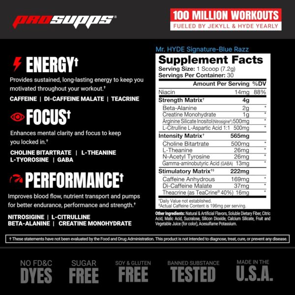 PROSUPPS Mr. Hyde Signature Pre Workout with Creatine, Beta Alanine, TeaCrine and Caffeine for Sustained Energy, Focus Pumps - Endurance Energy Drink Men Women (Blue Razz, 30 Servings)