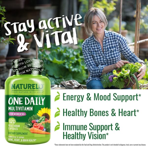 NATURELO One Daily Multivitamin for Women 50+ (Iron Free) - Menopause Support for Women Over 50 - Whole Food Supplement - Non-GMO - No Soy - 120 Capsules - 4 Month Supply