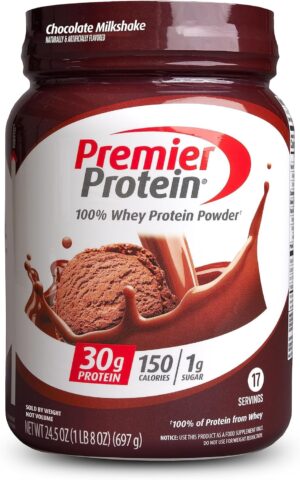 Premier Protein Powder, Chocolate Milkshake, 30g Protein, 1g Sugar, 100% Whey Protein, Keto Friendly, No Soy Ingredients, Gluten Free, 17 Servings, 24.5 Ounce (Pack of 1)