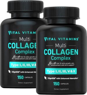 Vital Vitamins Multi Collagen for Women & Men (2-Pack) - Type I, II, III, V, X - Grass Fed, Non-GMO - 300 Capsules