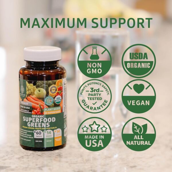 N1N Premium Organic Superfood Greens [28 Powerful Ingredients] Natural Fruit and Veggie Supplement with Alfalfa, Beet Root and Ginger to Boost Energy, Immunity and Gut Health, Made in USA, 60 Ct