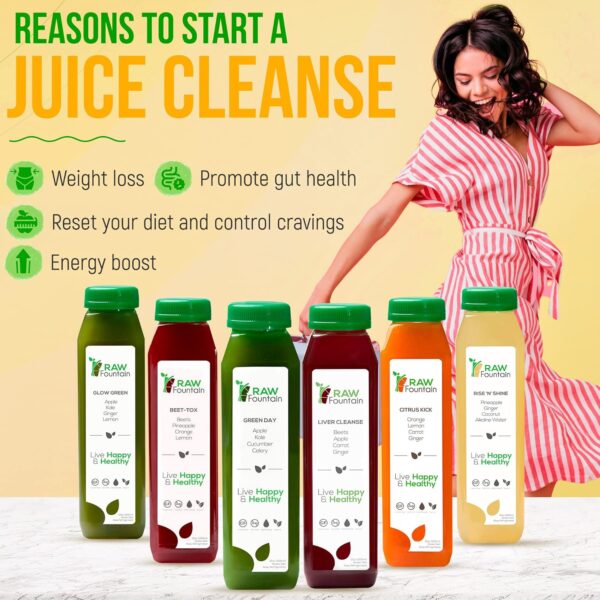 3 Day Juice Cleanse by Raw Fountain, All Natural Raw Juice Detox Cleanse, Juicing for Weight Management, Cold Pressed Juice Fast, Great Way to Jumpstart a Healthy Diet, 18 Bottles 12oz, 3 Ginger Shots
