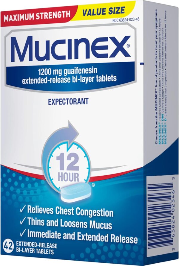 Mucinex 12 Hour 1200mg Maximum Strength Guaifenesin Chest Congestion & Mucus Relief, Guaifenesin Expectorant Aids Mucus Removal, Chest Decongestant for Adults, Dr Recommended, 42ct Tablets