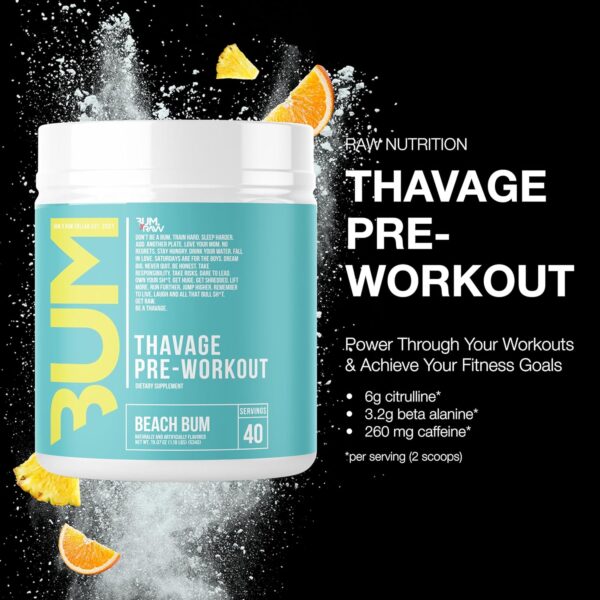 RAW Preworkout Powder, Thavage (Beach Bum) - Chris Bumstead Sports Nutrition Supplement for Men & Women - Cbum Pre Workout for Working Out, Hydration, Mental Focus & Energy - 40 Servings