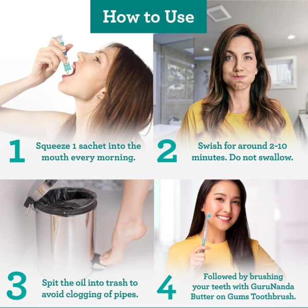 GuruNanda Travel Sachets Coconut Oil Pulling, Fresh Breath & Whitening Mouthwash, 7 Essential Oils & Vitamins for Happy Teeth & Gums, 28 Sachets