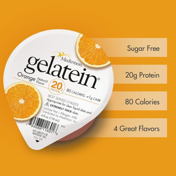 Gelatein Orange: 20 grams of protein. Sugar free. Ideal for clear liquid diets, swallowing difficulties, bariatric, dialysis and oncology. Great pre or post-workout snack. (12 pack)