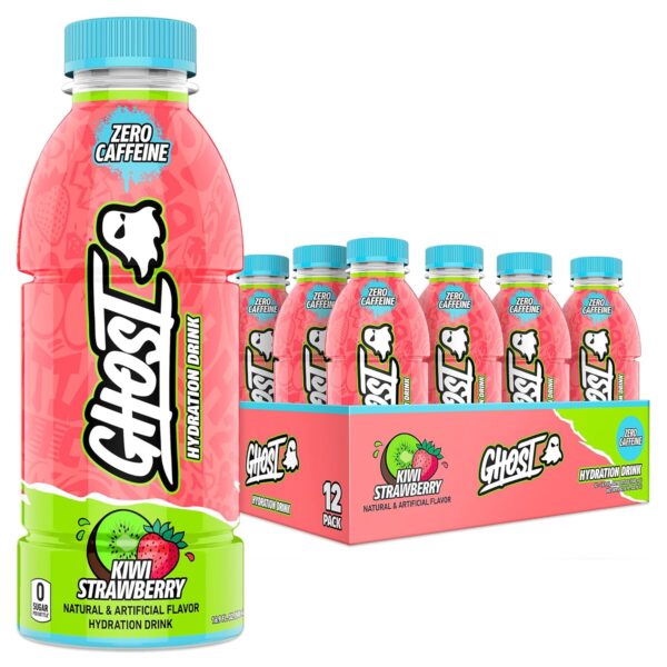 GHOST Hydration Drink, Kiwi Strawberry - RTD Sports Drinks with Electrolytes for Hydration - Beverage for Athletes - Zero Caffeine & Zero Sugars - 16.9 Fl Oz, 12 Pack