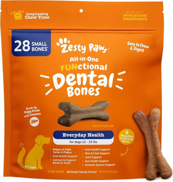 Zesty Paws Dental Bones - Fights Tartar & Plaque - Gum, Teeth & Bone Health - Cinnamon for Dog Breath - Immune, Joint, Gut, Skin & Coat Support - Omega 3 EPA & DHA and Calcium - Small Dogs - 28 ct…
