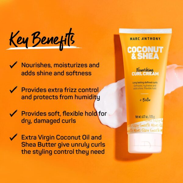Marc Anthony Nourishing Curl Cream, Coconut Oil & Shea Butter - Anti-Frizz Biotin Detangling Cream to Enhance Curls, Defrizz, Hydrate & Adds Shine - Color Safe & Sulfate Free Styling Product
