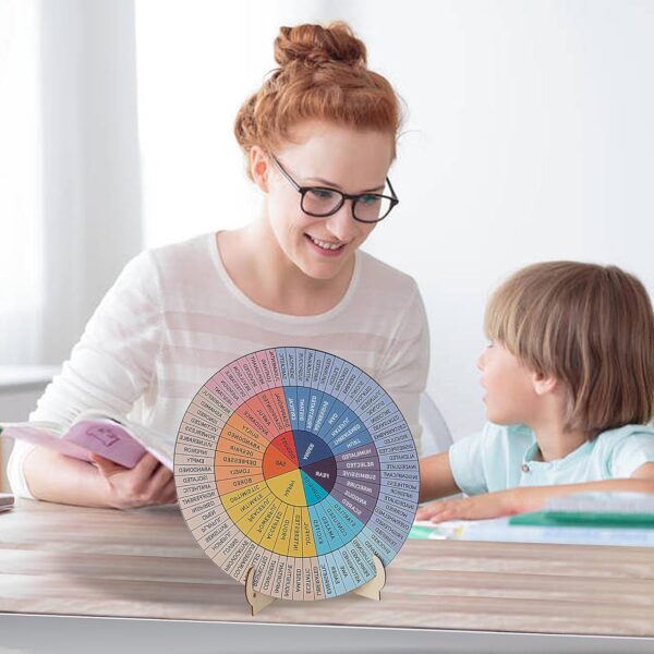 Feelings Wheel Therapy Office Decor, 5.8 Inches Diameter Double Sided Mental Health Decor Emotion Wheel with Stand, Wooden Coping Wheel Chart Gifts for School, Therapy Office, 2025 Upgrade