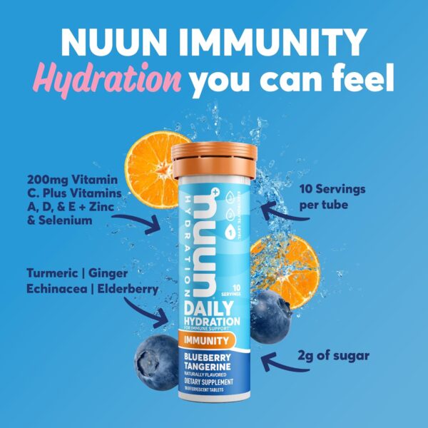 Nuun Hydration Immunity Electrolyte Tablets With 200mg Vitamin C, Blueberry Tangerine, 5 Essential Electrolytes for Hydration, Ginger & Turmeric, Vegan, Non-GMO, 8 Pack (80 Servings)