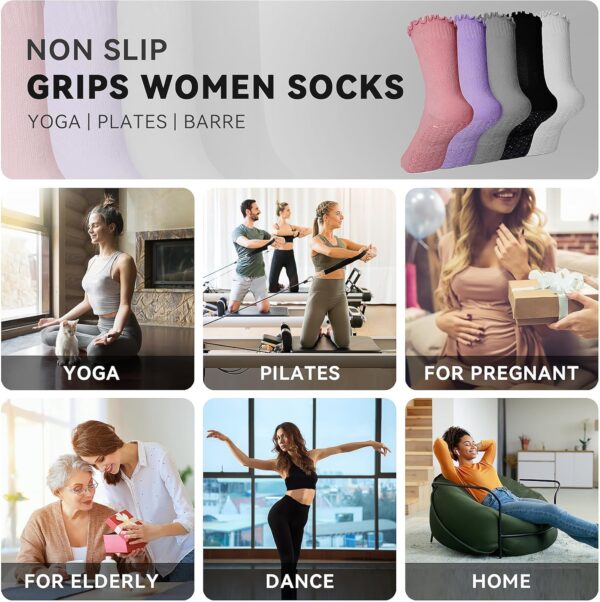 SkiBeaut Pilates Yoga Grips Socks, 4 Pairs Non Slip Skid Women Reformer Hospital Sticky Socks for Elderly Pregnancy Lady