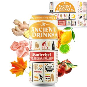 ANCIENT DRINKS Apple Cider Vinegar Beverage with Electrolytes, Vitamins, & Probiotics, Organic, Super-Hydrating Sports Drink - Switchel (Citrus & Ginger) - 16 fl oz (12 cans)