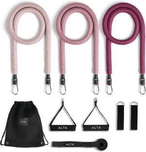 ALTA 'Never-Snap' Exercise Bands with Handles for Women - Full Kit Resistance Bands for Working Out with Handles, Resistance Tubes, Ankle Straps, Door Anchor, Fabric + Rubber Workout Bands Resistance
