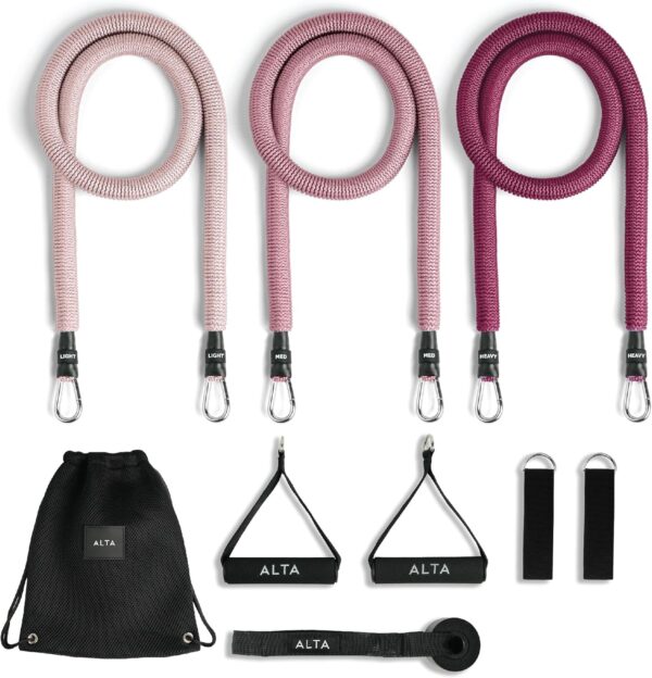 ALTA 'Never-Snap' Exercise Bands with Handles for Women - Full Kit Resistance Bands for Working Out with Handles, Resistance Tubes, Ankle Straps, Door Anchor, Fabric + Rubber Workout Bands Resistance