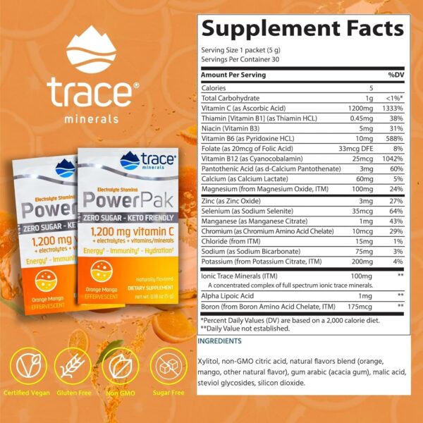 Trace Minerals Power Pak Sugar-Free - Immune & Energy Health Support - Powder Drink Mix with Vitamins & Minerals - Supports Hydration & Mineral Absorption - Orange Mango, 30 Packets (30 Servings)