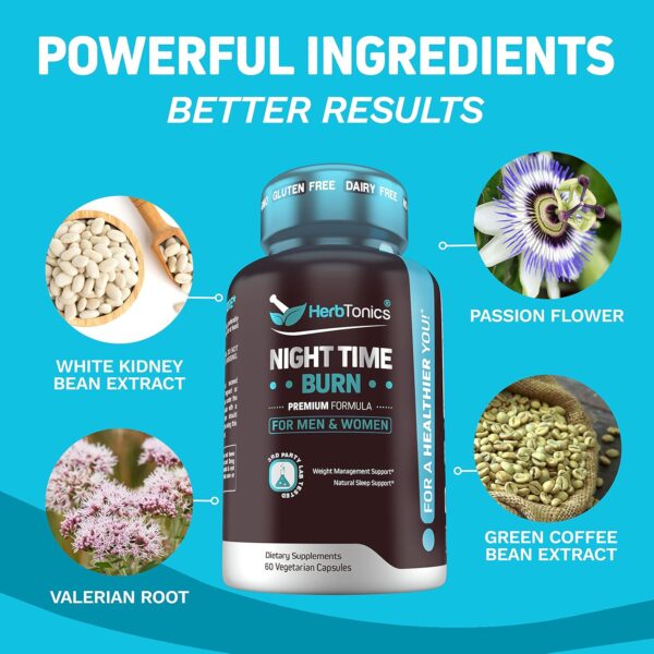Herbtonics Night Time Weight Supplement with Melatonin to Support Sleep & Metabolism | Melatonin & L-Theanine for Women & Men | Sleep Aid Supplement with GLP-1 Support | 60 Vegan Capsules