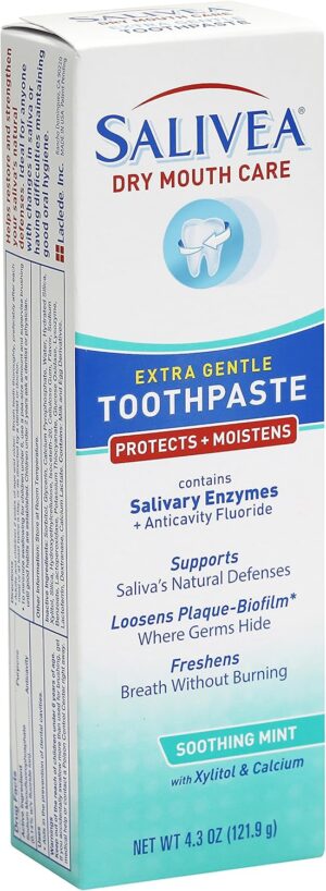 SALIVEA Dry Mouth Toothpaste - Soothing Mint Toothpaste with Natural Salivary Enzymes - Gentle Toothpaste to Aid Dry Mouth Care - Natural, Paraben Free Dry Mouth Toothpaste - Mint Flavor (4.3 oz Tube)