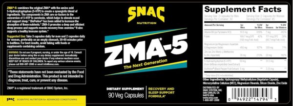 SNAC ZMA-5 Sleep Aid Supplement, Promote Muscle Recovery & Growth, Immune Support, & Restorative Sleep with Zinc, Magnesium & 5-HTP, Post Workout, Before Bed ZMA Supplements 90 Veggie Capsules