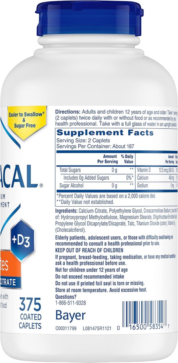Citracal Petites, 400 mg Calcium Citrate, Easily Absorbed and Highly Soluble with 12.5 mcg (500 IU) Vitamin D3, Bone Health Support for Ages 12+, Smaller and Easier to Swallow Caplets, 375 Count