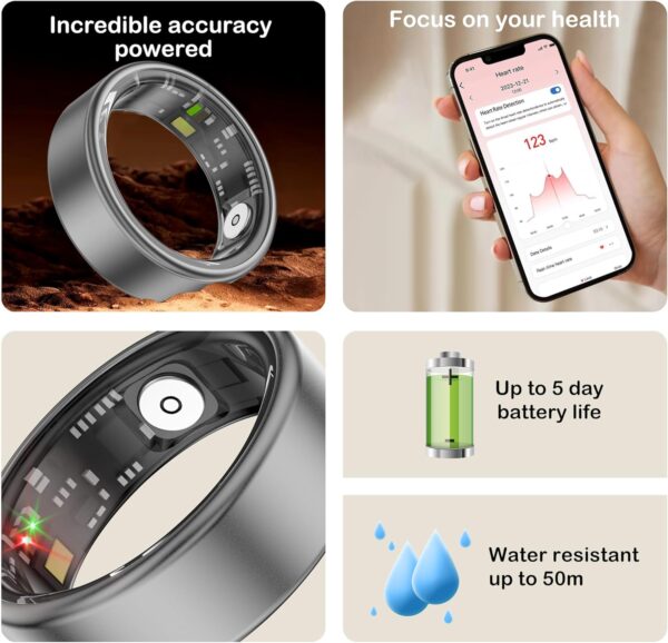 Fitness Tracker Smart Ring,Health Sleep Tracker Ring with Heart Rate Monitor/Calories/Blood Oxygen Monitoring IP68 Waterproof,No APP Subscription for iOS/Android（Grey,10）