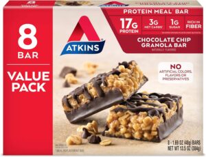 Atkins Chocolate Chip Granola Protein Meal Bar, High Fiber, 17g Protein, 1g Sugar, 3g Net Carbs, Meal Replacement, Keto Friendly, 8 Count