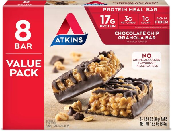 Atkins Chocolate Chip Granola Protein Meal Bar, High Fiber, 17g Protein, 1g Sugar, 3g Net Carbs, Meal Replacement, Keto Friendly, 8 Count