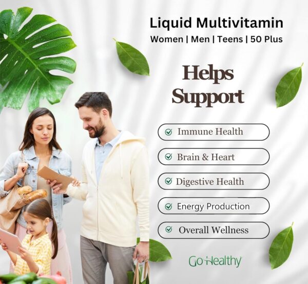 Go Healthy Liquid Multivitamin for Women, Men, Teens, 50 Plus – Vegan Vitamin & Mineral Supplement, Adult Energy & Immune Support, Easy-to-Absorb, Delicious Fruit Flavor – 32 Servings