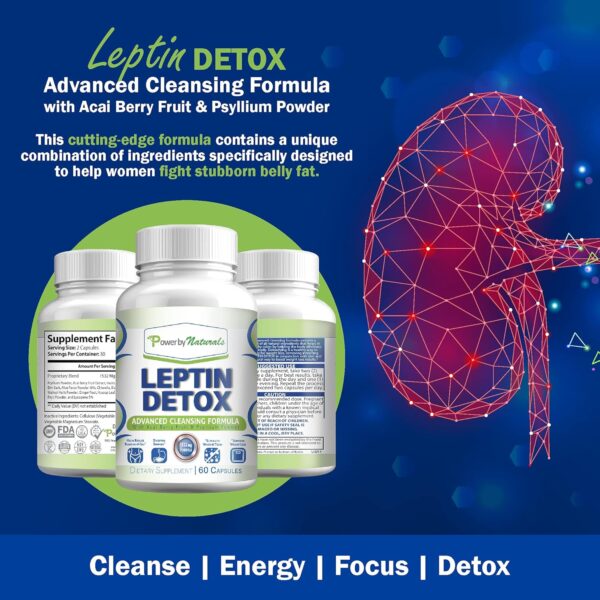 Power By Naturals Leptin Detox Cleanse for Reduce Weight - Natural Gut & Colon Cleanser, 1532mg, Acai Berry Cleanse for Men & Women, 60 Capsules, USA-Made