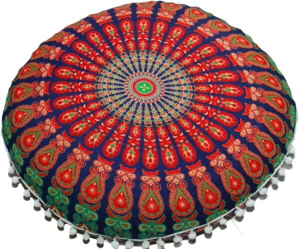 CRAFT KALA Mandala Floor Pillow Cushion Cover Seating Throw Cover Hippie Decorative Bohemian Ottoman Poufs Pom Pom Pillow Cases Boho Indian Cotton Living Room Yoga Home Décor (24" Round, Multi Mirchi)