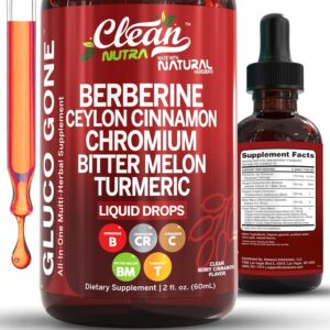 Organic Ceylon Cinnamon Berberine Liquid Drops Supplement with Bitter Melon Extract, Glucomannan, Gymnema, Chromium, Turmeric, Organic Panax Ginseng, Apple Cider Vinegar, Moringa Powder Vegetarian