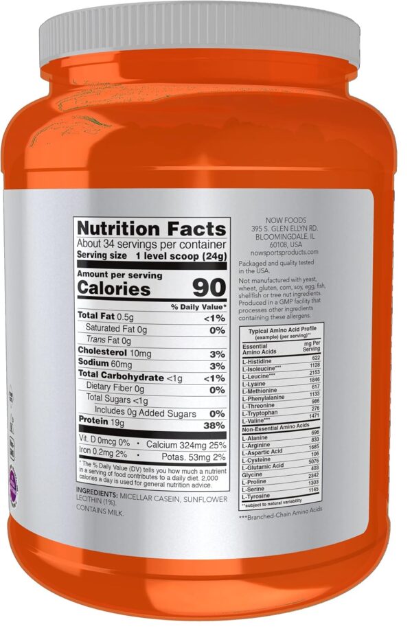 NOW Foods Sports Nutrition, Micellar Casein 19 g, Slow Release, Unflavored Powder, 1.8-Pound
