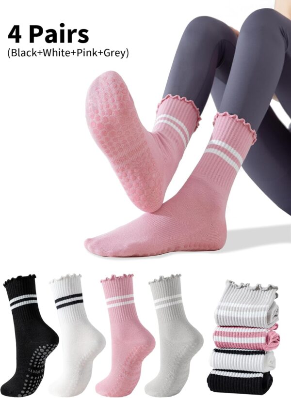Yawlsow Pilates Socks for Women Cute Ruffle Yoga Socks Frilly Barre Non Skid Athletic Crew Grip Sticky Socks Workout Hospital