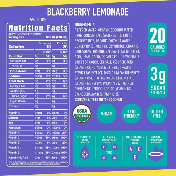ROAR Complete Hydration Organic - Electrolyte Drinks Loaded with Vitamins C, B5, B12 - Non-GMO, Gluten-Free - Blackberry Lemonade - 12 pc