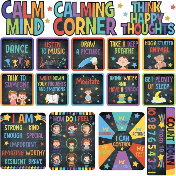 Calm Down Corner Bulletin Board Set for Classroom Decoration Feelings Chart Mental Health Feeling Management Poster for Kindergarten Emotions Poster Decor School(Dark Colors)