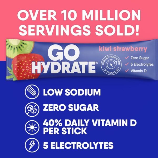 81eKWLla83L._AC_SL1500_.jpg GoHydrate Instant Hydration Powder Packets - Low Sodium Electrolytes Drink Mix - Natural Hydration Support, Sugar Free Electrolyte Flavored Powder Drink with Vitamin D, 30 Packs, Kiwi Strawberry