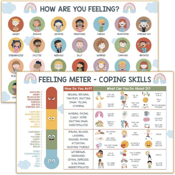 Feelings Chart for Kids - Coping Skills Emotions Chart Poster - Calm Down Corner Supplies - Mental Health Posters for Kids - School Counselor Psychologist Toddler Preschool Homeschool Decoration