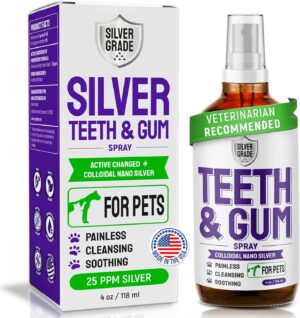 SILVER GRADE Teeth & Gum Spray for Pets – Dental Formula for Dog Mouth Rinse & Cat Mouth Care – Dog Fresh Breath, Clean Teeth, No Pain Or Burning – Plaque and Tartar Remover (4 Oz)