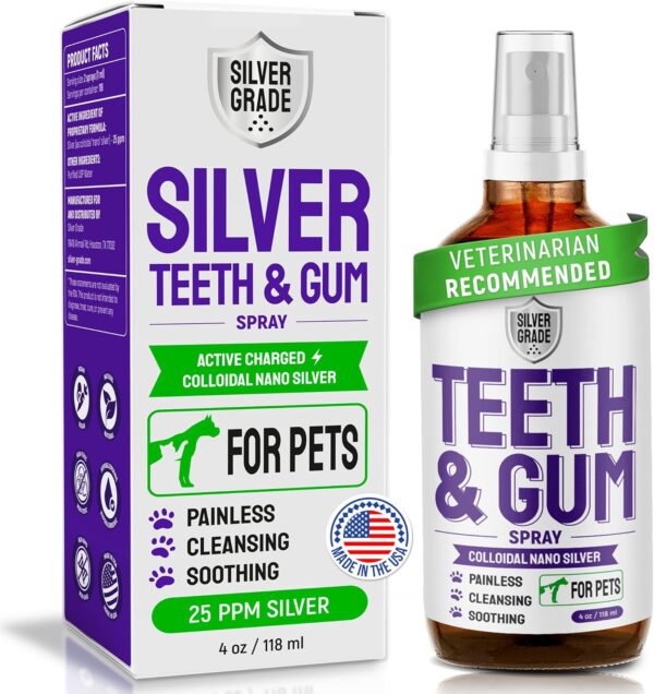 SILVER GRADE Teeth & Gum Spray for Pets – Dental Formula for Dog Mouth Rinse & Cat Mouth Care – Dog Fresh Breath, Clean Teeth, No Pain Or Burning – Plaque and Tartar Remover (4 Oz)