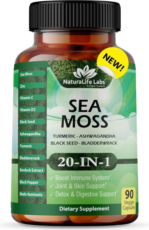 Sea Moss 6000mg - Black Seed Oil 2500mg - Bladderwrack 2000mg - Turmeric 1500mg Ashwagandha 1000mg - Burdock 1000mg - Vitamin C, D3, Yellow Dock Root, Manuka, Dandelion - 90 Veggie caps